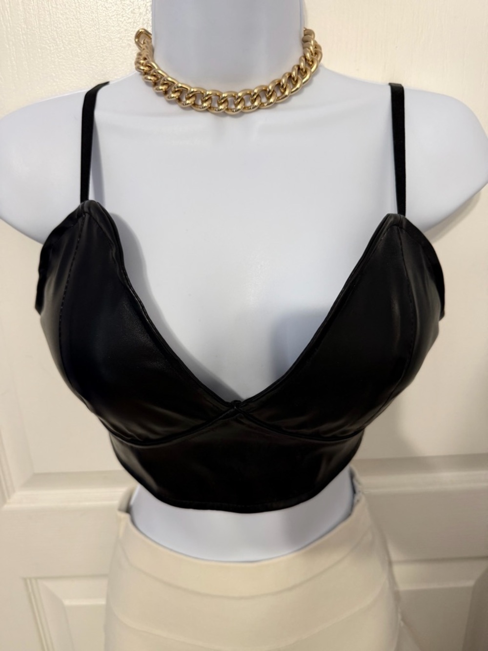 Black Faux Leather Crop Top with Adjustable Straps